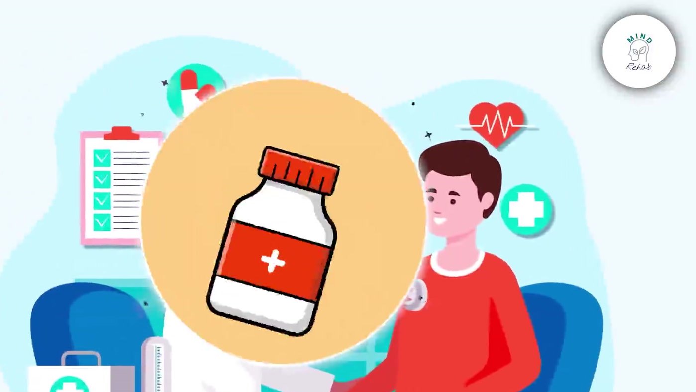 Frame from the MOUD lesson film, with illustrated medication and healthcare imagery.